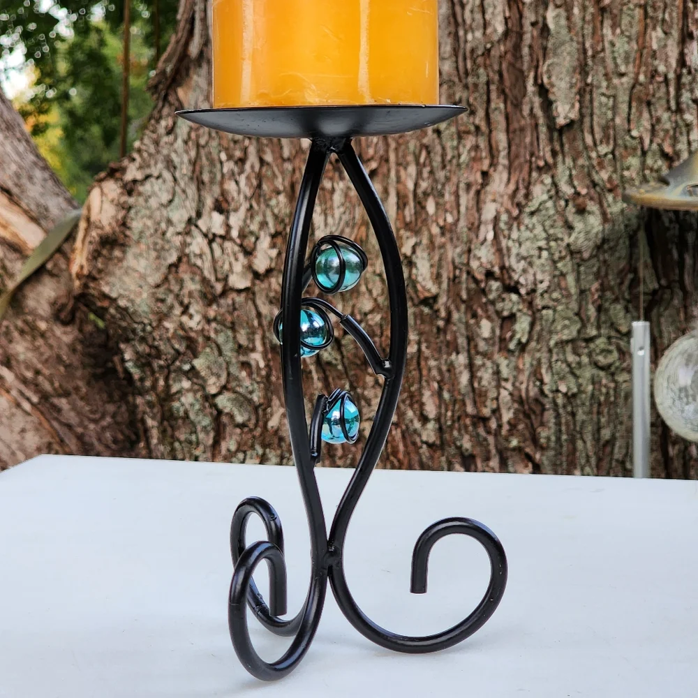 Pillar Wrought Iron Candle Holder‎ With Blue Crystals